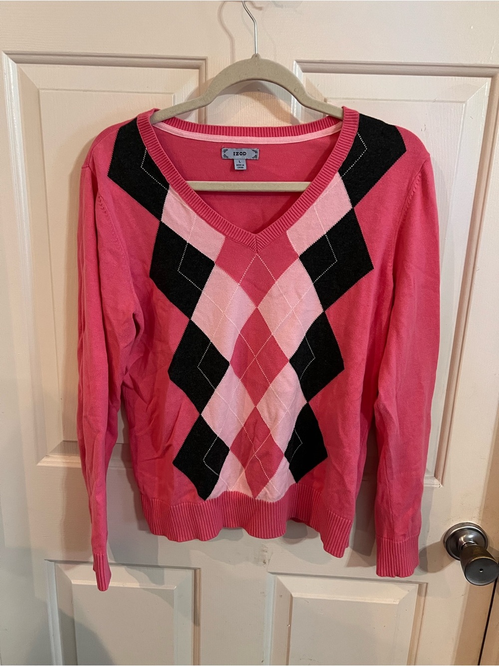 Izod Pink and Black Argyle V-Neck Sweater